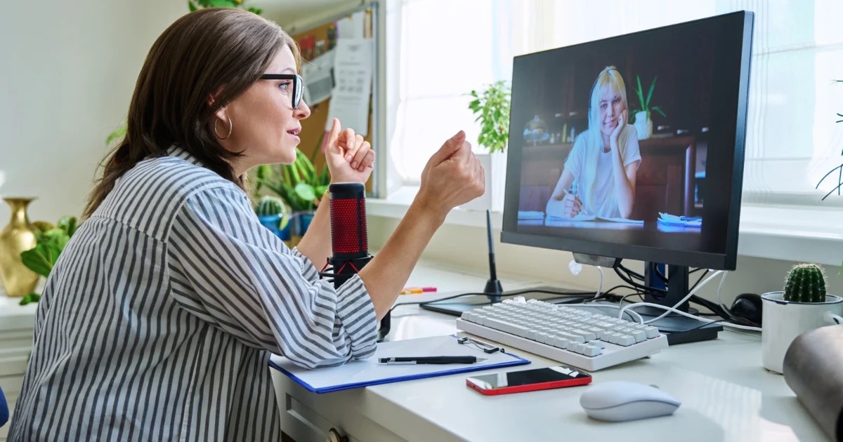 A woman receiving online trauma counselling.